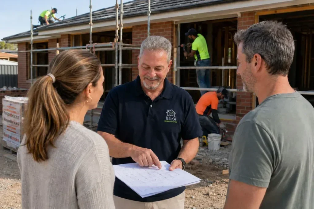 Mike Weckman - Iluka Building Inspections - Talking with Clients at building site in Jindalee Western Australia