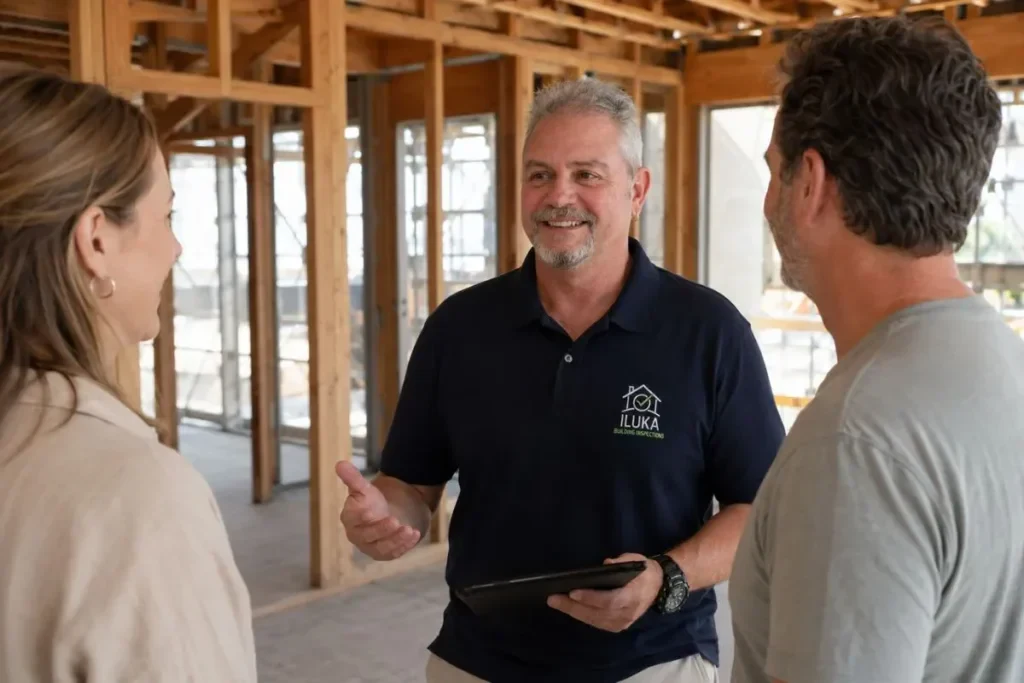 Mike Weckman - Owner Iluka Building Inspections chatting with home owners